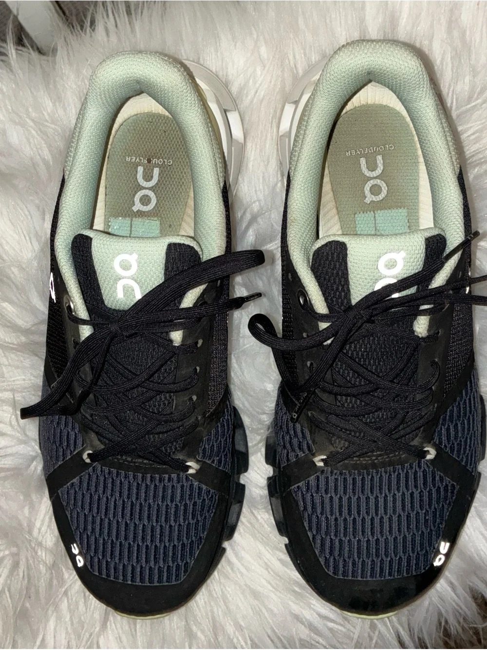On Running Cloudflyer Black/Grey and mint green women's running shoe Az 7.5